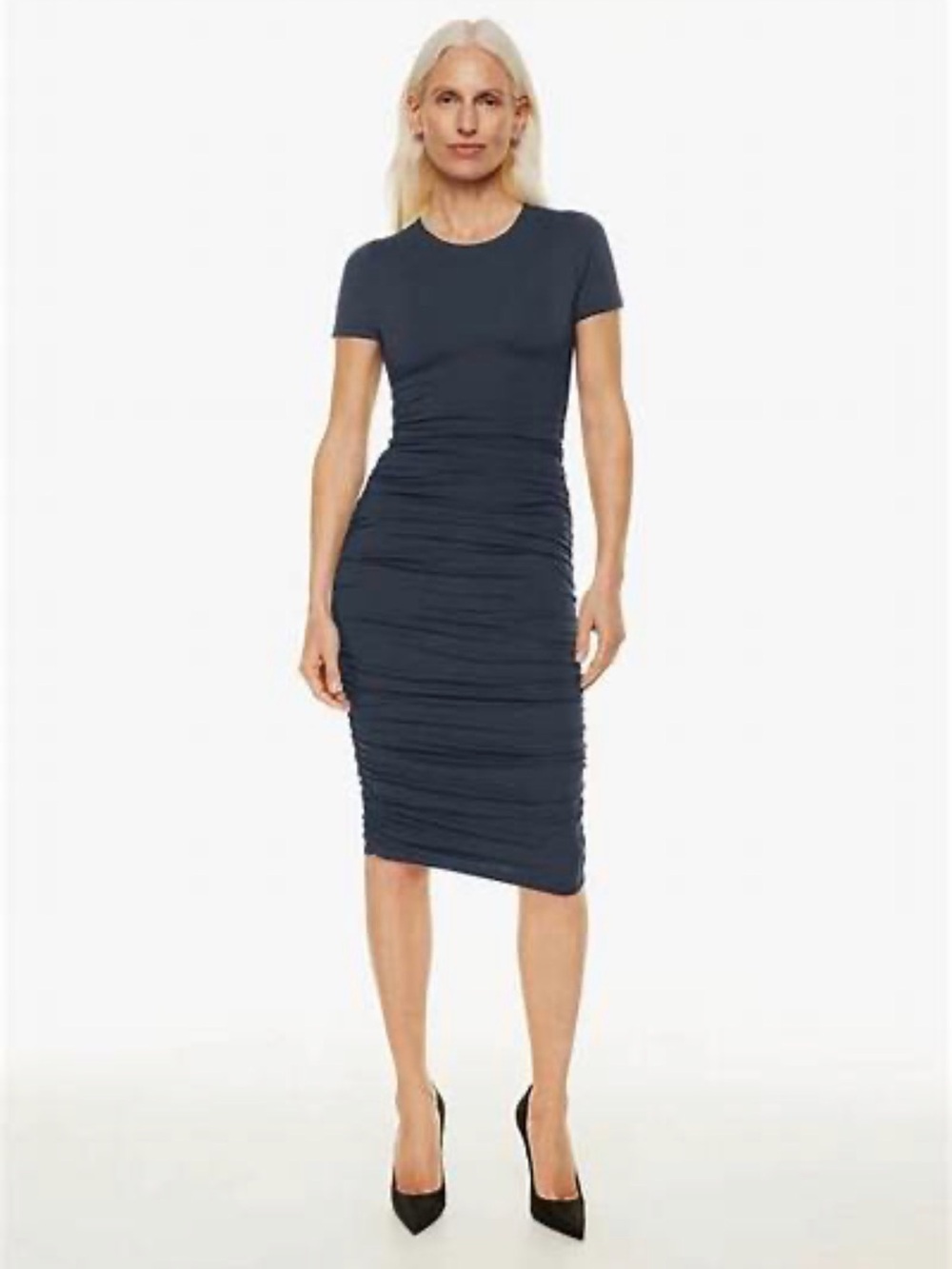 Babaton Dark Blue Ruched Short-Sleeve Midi Dress